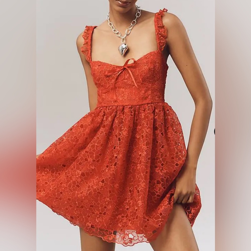 Anthropologie Coral-Red Lace Mini Dress
